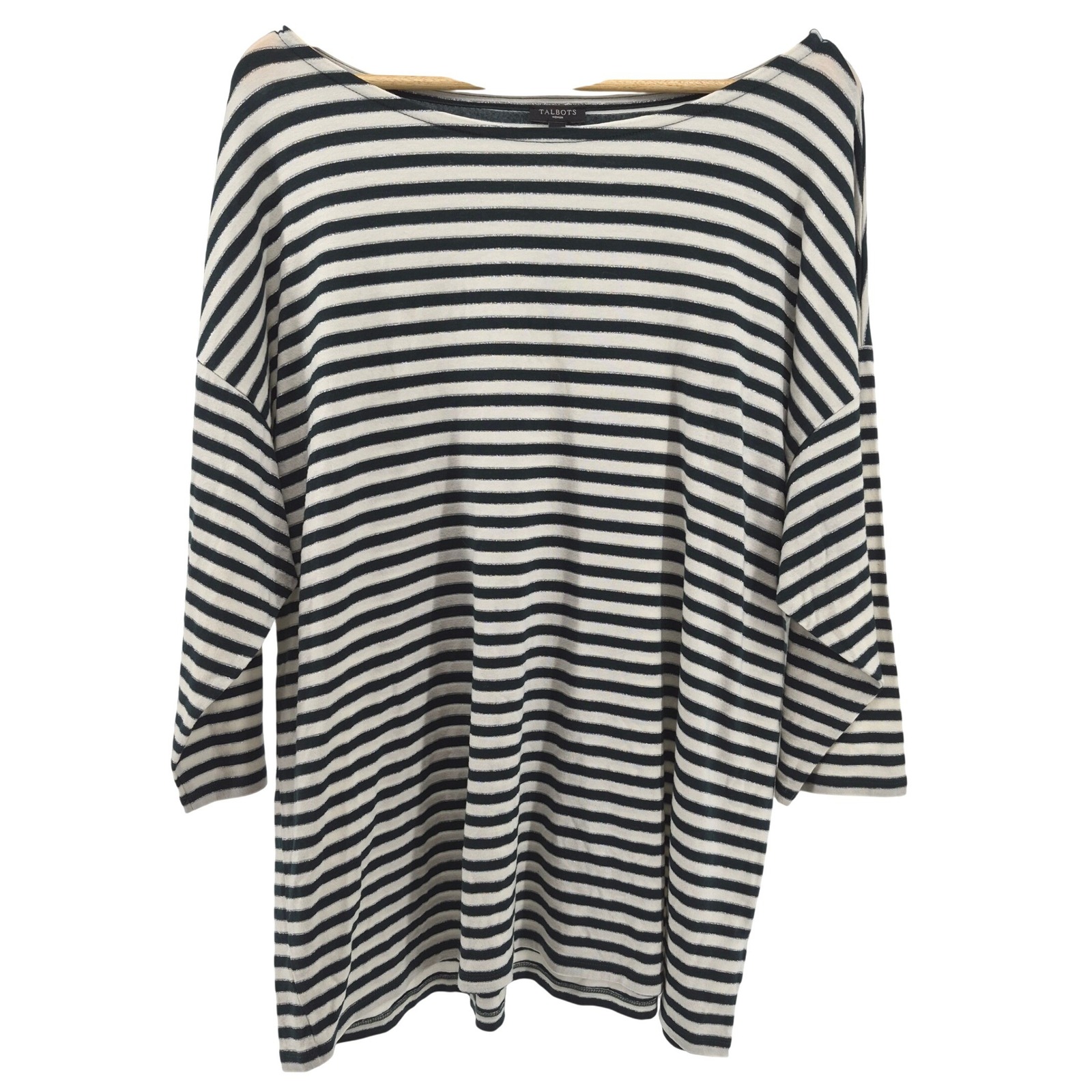 Talbots Woman Dark Green Striped Boat Neck 3/4 Sleeve Top Sz 3x Metallic Gold
